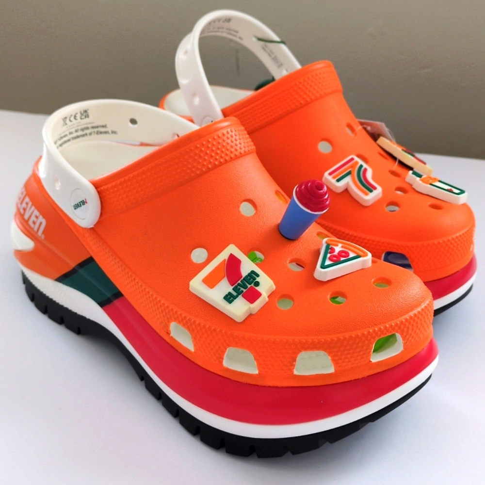 CROCS Orange Platform Clogs with White Straps and Multicolor Charms